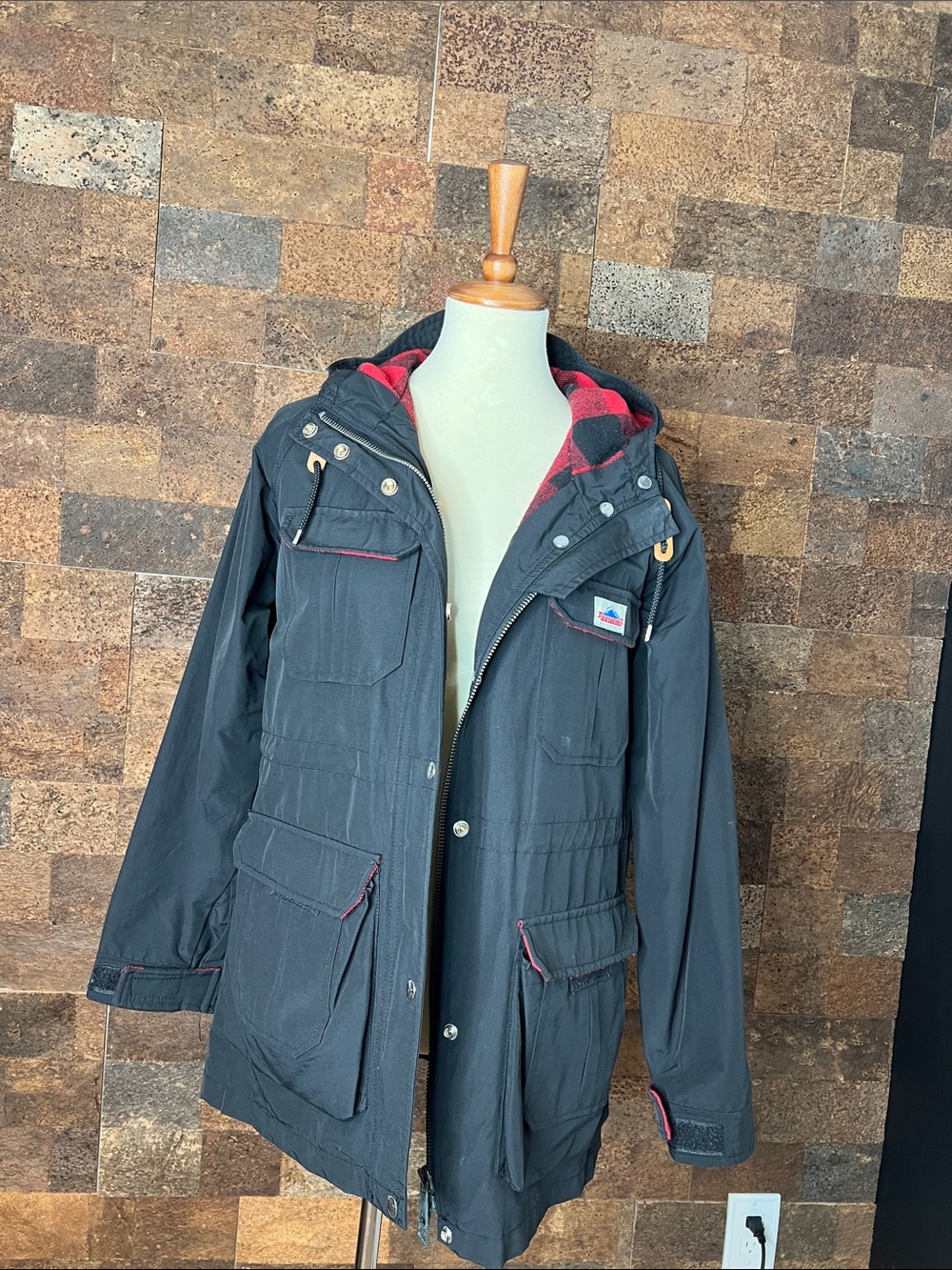 Penfield Black Utility Jacket with Red Plaid Hood Lining - Women’s Medium